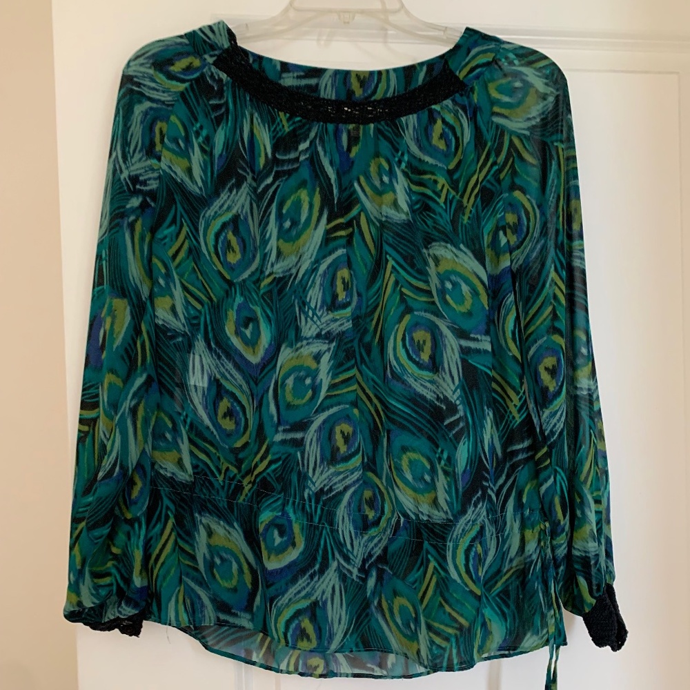 Semi-sheer peacock feather blouse with crochet neck and cuffs, size PM